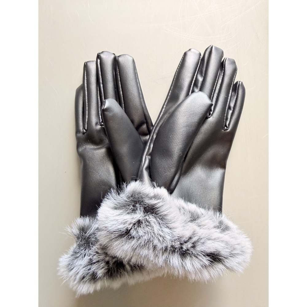 Women's Faux Leather Winter Gloves Faux Fur Cuff Pink Velour Lined Black NIP
